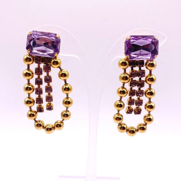 Vintage Party Clip On Earrings Gold Tone with Purple Glass Stone - Picture 4 of 6